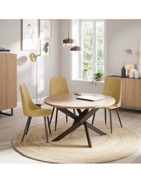 MESA REDONDA THER 120, tampo em melamina carvalho e BASE em metal PRETO