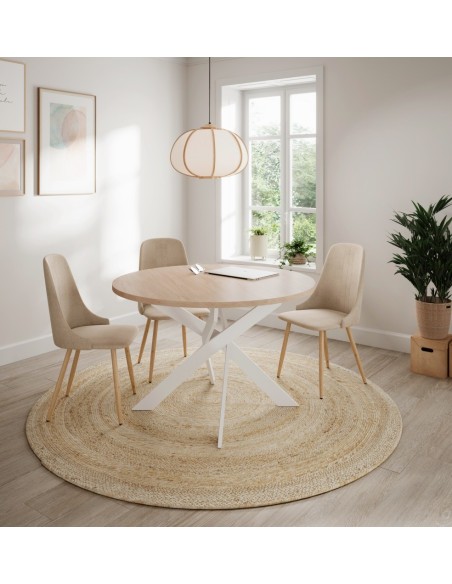 MESA REDONDA THER 120, tampo em melamina SAHARA e pernas em metal BRANCO