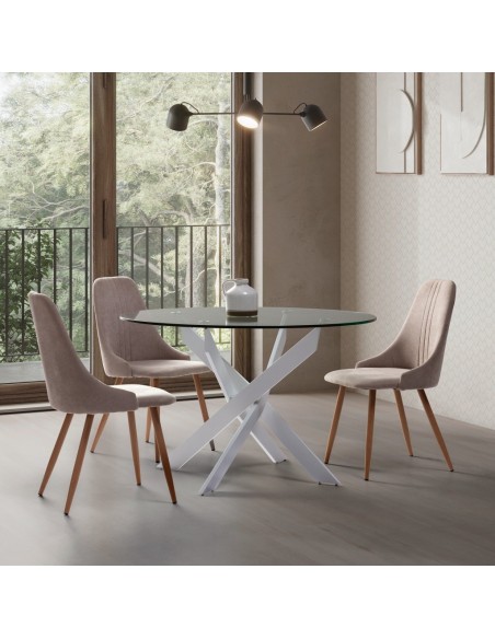 Mesa redonda Thur 120, cristal, patas metal blanco.