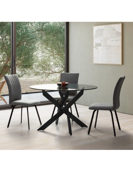 Mesa de Jantar Redonda Thur 120 Design, tampo de vidro e metal preto,