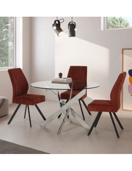 Thur 140 Mesa redonda de vidro de design, pés de metal cromado.