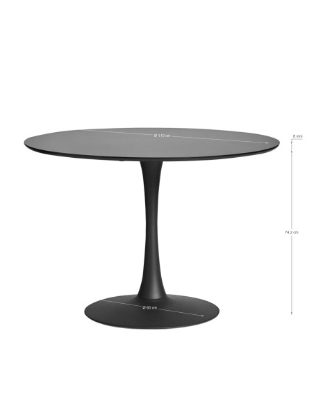 Mesa redonda Oda 110, base em metal lacado preto, tampo em MDF lacado preto.