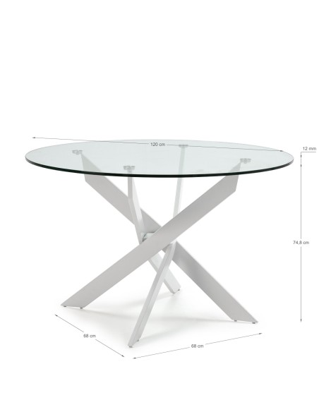 Mesa redonda Thur 120, cristal, patas metal blanco.