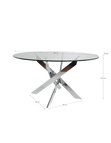 Thur 120 Mesa redonda de cristal para comedor, patas metal cromado.