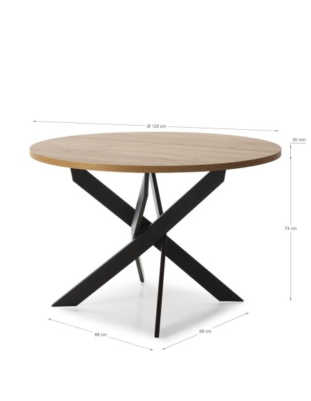 MESA REDONDA THER 120, tapa melamina roble  y PIE metal NEGRO
