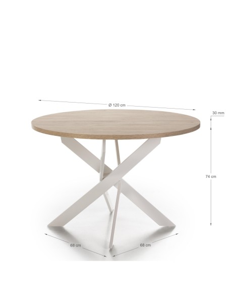 MESA REDONDA THER 120, tapa melamina SAHARA y patas metal BLANCO