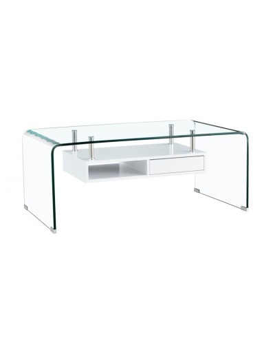 Mesa de centro WARKNE 110 x 60, prateleira branca e vidro curvo.