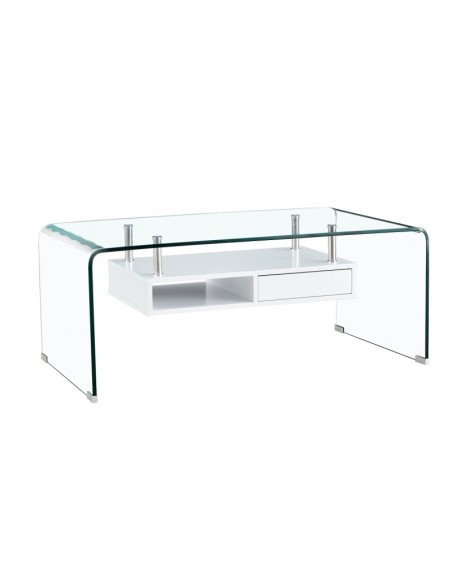 Mesa de centro WARKNE 110 x 60, estante blanco y cristal curvado.