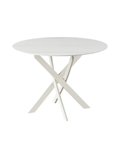 Mesa redonda moderna ENTITY 110, porcelânico branco mármore e metal creme