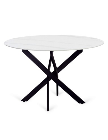 Mesa redonda moderna ENTITY 110, porcelânico branco mármore e metal preto