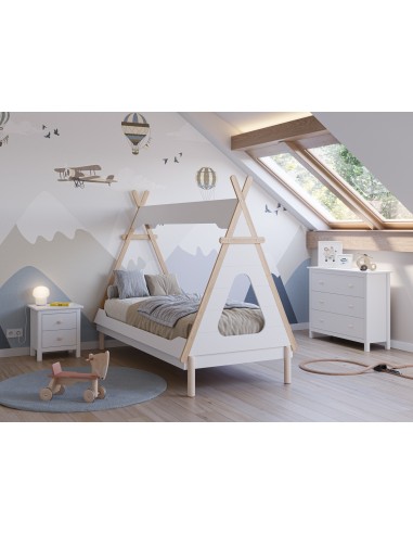 Cama infantil cabine Tipi 90, NORA em MDF branco e pinho cera