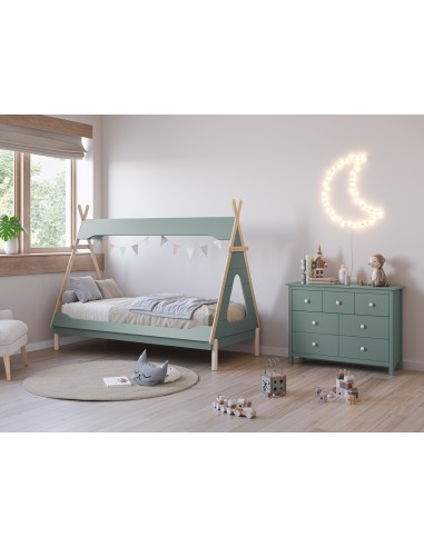 Cama infantil cabine Tipi NORA 90, em MDF verde e pinho cera