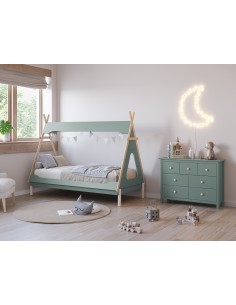 Cama infantil cabine Tipi NORA 90, em MDF verde e pinho cera 2