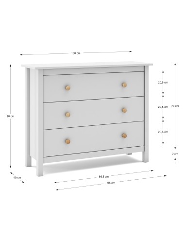 Cómoda Nora 100 x 80, en pino blanco y 3 cajones.