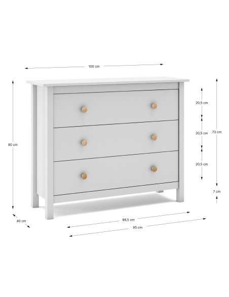 Cômoda Nora 100 x 80, em pinho branco e 3 gavetas