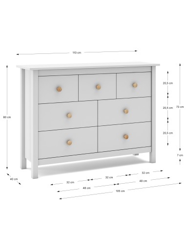 Comoda Nora 110 x 80, en pino blanco y 7 cajones