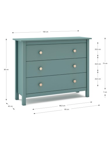 Cômoda Nora 100 x 80, em pinho verde e 3 gavetas