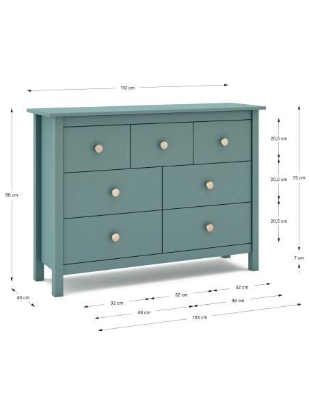 Cômoda Nora 110 x 80, em pinho verde e 7 gavetas