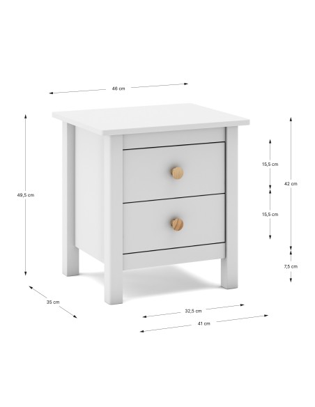 Mesa de cabeceira Nora 46 x 50 cm, em pinho branco e 2 gavetas