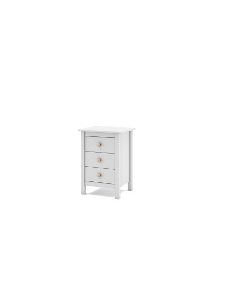 Mesa de cabeceira Nora 46 x 65, em pinho branco e 3 gavetas