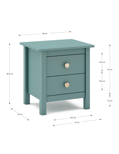 Mesa de cabeceira Nora 46 x 50, em pinho verde e 2 gavetas