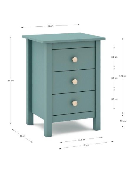 Mesa de cabeceira Nora 46 x 65, em pinho verde e 3 gavetas
