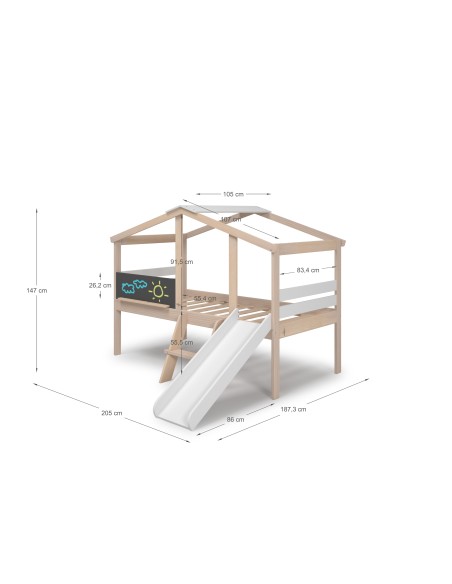 Cama infantil TOBOGAN de 90 em MDF branco e pinho cera