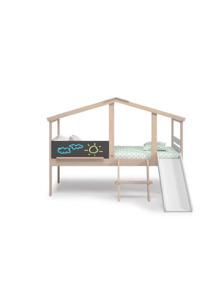 Cama infantil TOBOGAN de 90 en MDF blanco y pino cera