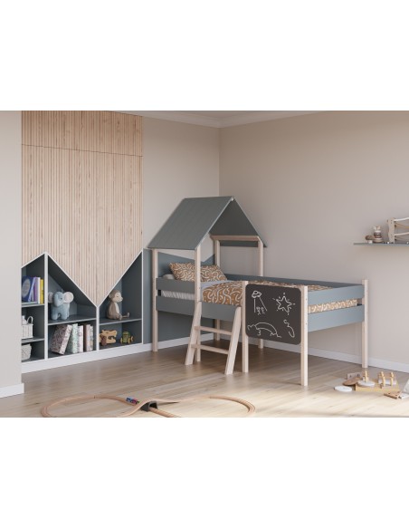 Cama infantil cabine MINT 90cm em MDF verde e pinho cera com ardósia