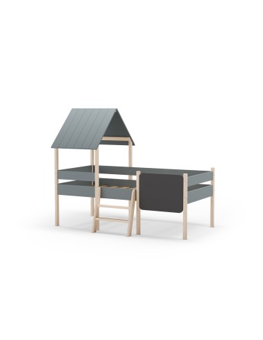 Cama Infantil de 90cm cabaña MINT en MDF verde y pino cera con pizarra