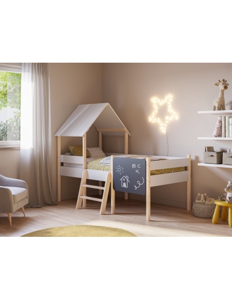 Cama Infantil de 90 cm cabaña MINT en MDF blanco y Pino cera con pizarra