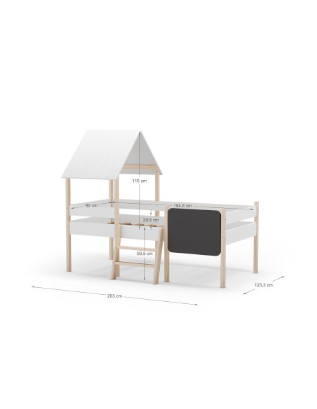Cama infantil cabine MINT 90 cm em MDF branco e pinho cera com ardósia