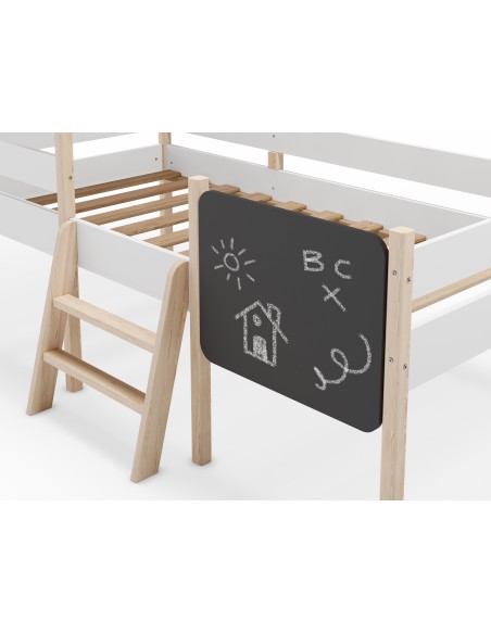Cama Infantil de 90 cm cabaña MINT en MDF blanco y Pino cera con pizarra