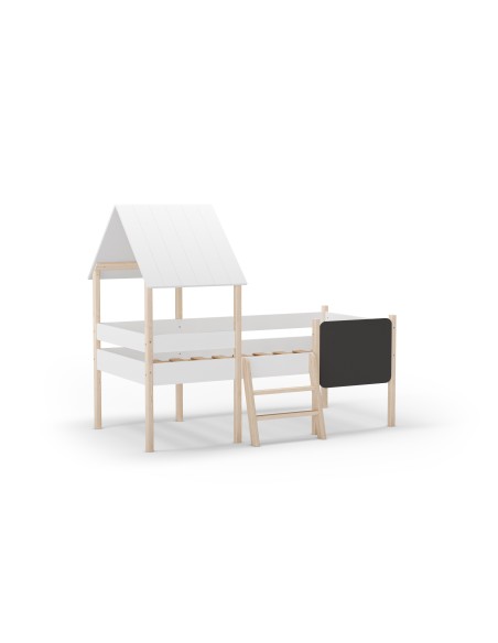 Cama Infantil de 90 cm cabaña MINT en MDF blanco y Pino cera con pizarra