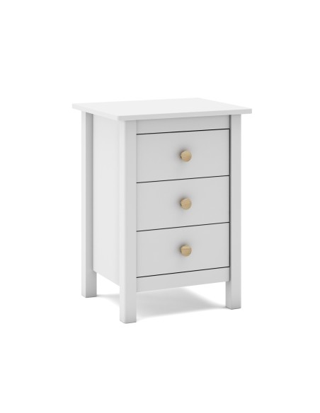 Mesita de noche Nora 46 x 65, en pino blanco y 3 cajones
