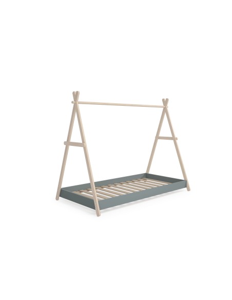 Cama infantil de 90 cm cabaña TRUFA en MDF verde y pino cera