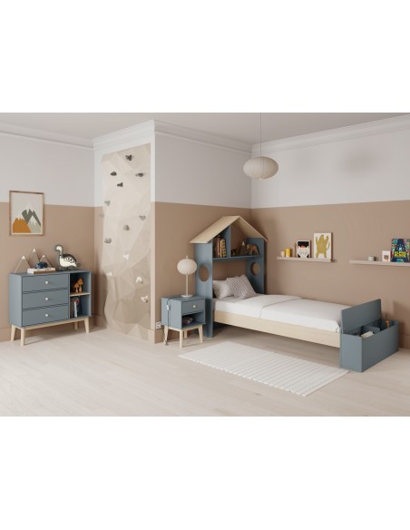 Cama infantil ODESSA de 90 en MDF verde y pino cera