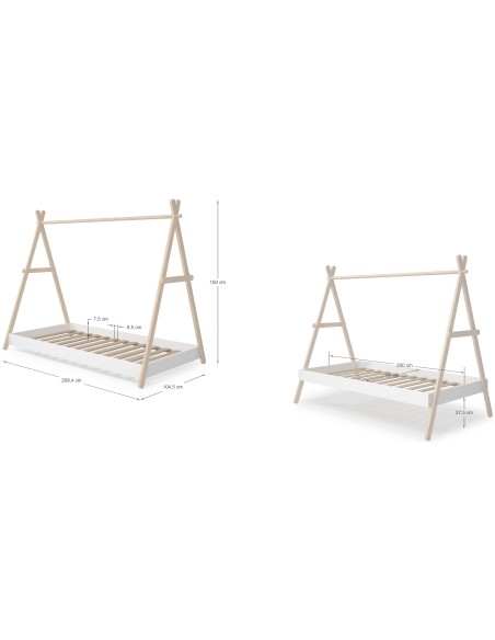 Cama infantil cabine TRUFA 90 cm em MDF branco e pinho cera