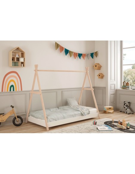 Cama infantil de 90 cm cabaña TRUFA en MDF blanco y pino cera