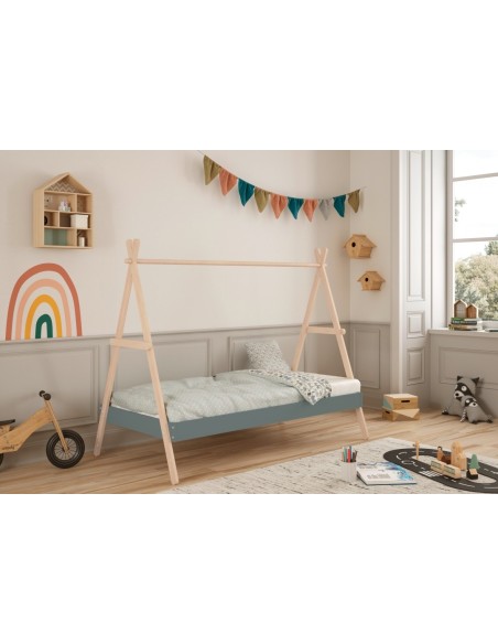 Cama infantil de 90 cm cabaña TRUFA en MDF verde y pino cera