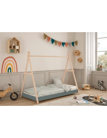 Cama infantil de 90 cm cabaña TRUFA en MDF verde y pino cera