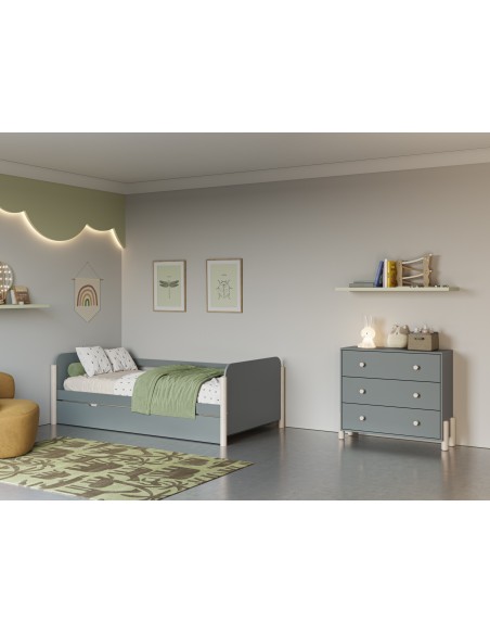 Cómoda ENOLA com 3 gavetas 90 x 80, em MDF verde e pinho cera