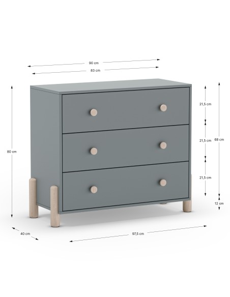 Cómoda 3 cajones ENOLA 90 x 80, en MDF verde y pino cera