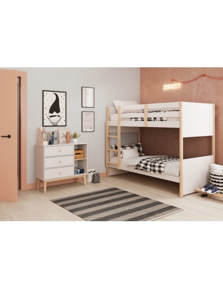 Cómoda com 3 gavetas e 2 espaços ESTEBAN 90 x 80, MDF branco e pinho cera