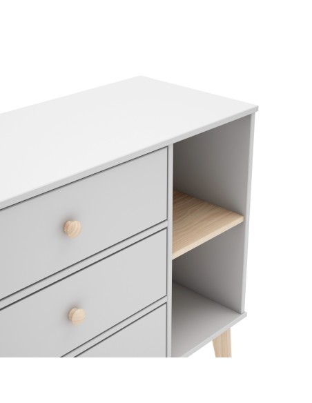 Cómoda com 3 gavetas e 2 espaços ESTEBAN 90 x 80, MDF branco e pinho cera