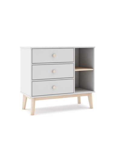 Cómoda com 3 gavetas e 2 espaços ESTEBAN 90 x 80, MDF branco e pinho cera