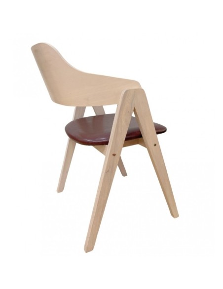 Silla con brazos nordic GODI, madera de hevea y similpiel marron