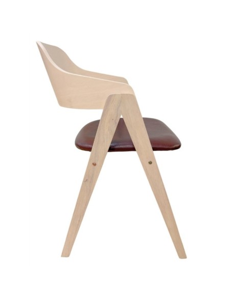 Silla con brazos nordic GODI, madera de hevea y similpiel marron