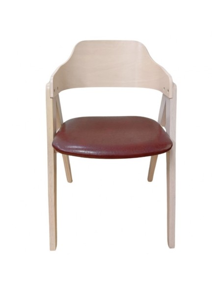 Silla con brazos nordic GODI, madera de hevea y similpiel marron