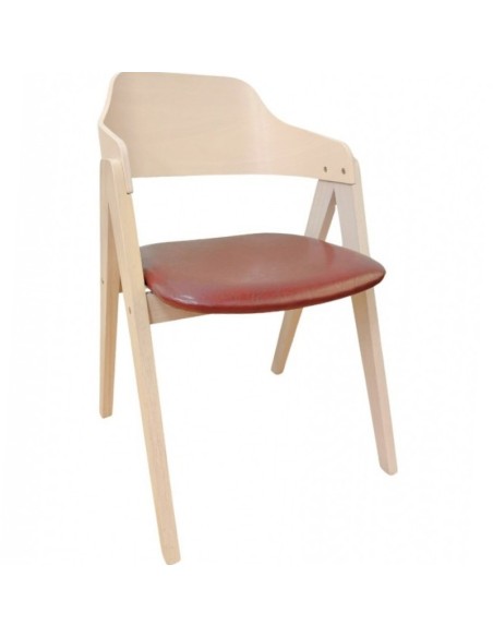 Silla con brazos nordic GODI, madera de hevea y similpiel marron
